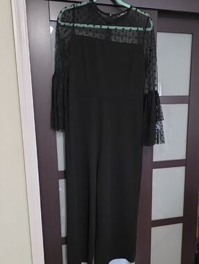 SHEIN Black Polka Dot Sheer-Sleeve Jumpsuit